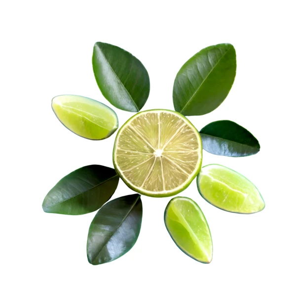 Fresh lime slice with wedges and leaves on white background