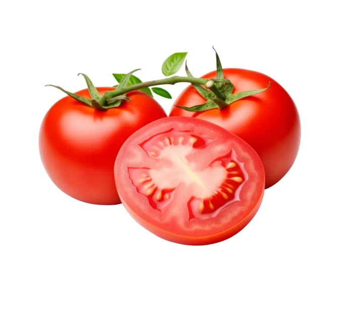 Fresh red tomatoes on vine and slice isolated on white