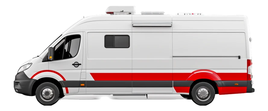 White camper van with red stripes on white background