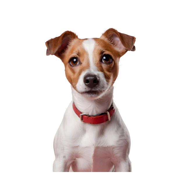 Portrait of a Jack Russell Terrier wearing a red collar