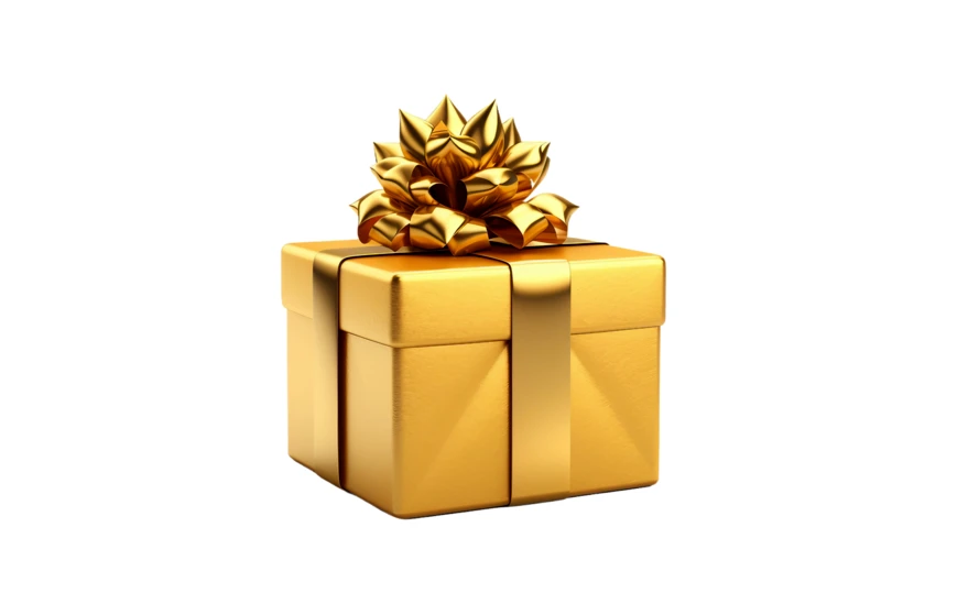 Luxury gold gift box with gold bow isolated on white