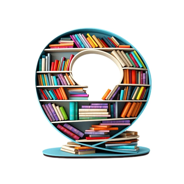 At symbol shaped bookcase filled with colorful books