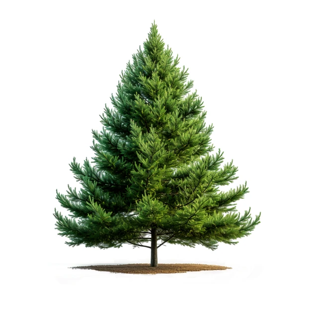 Lush green spruce tree isolated on white background