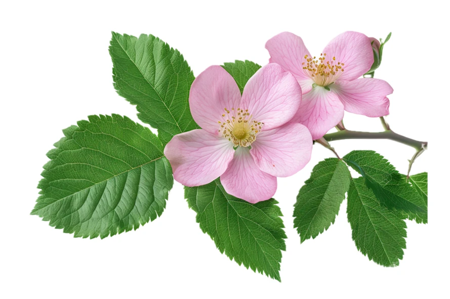 Pink wild rose flowers and leaves isolated on white background