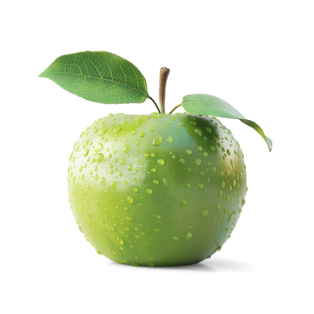 Fresh green apple with water droplets and leaves