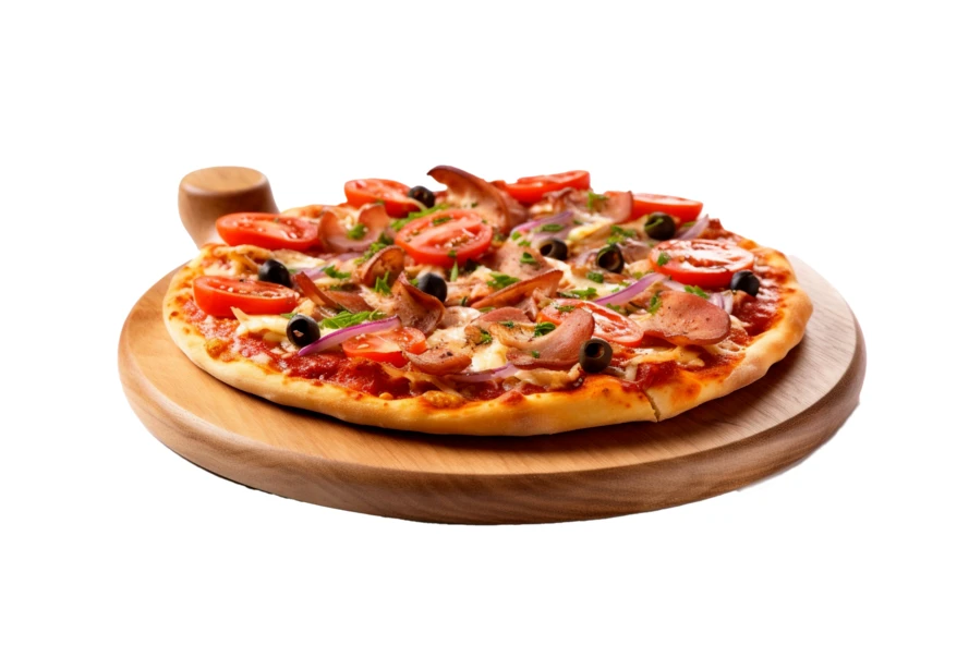 Freshly baked pizza with tomatoes and olives isolated on white