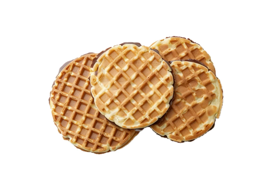 Round chocolate-filled waffles isolated on white background