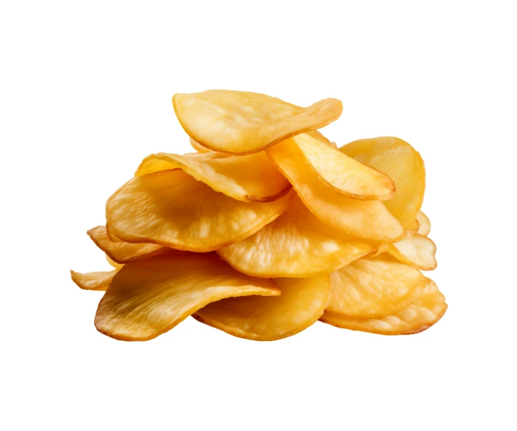 Stack of golden potato chips isolated on white background