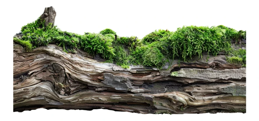 Weathered tree log covered in green moss isolated on white