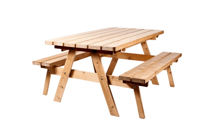 Wooden picnic table with attached benches isolated on white
