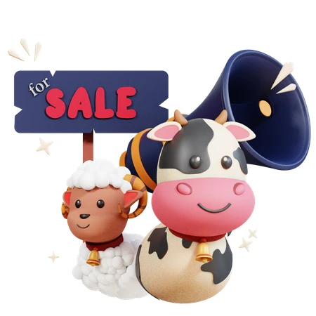 3D cute cartoon cow and sheep with for sale sign