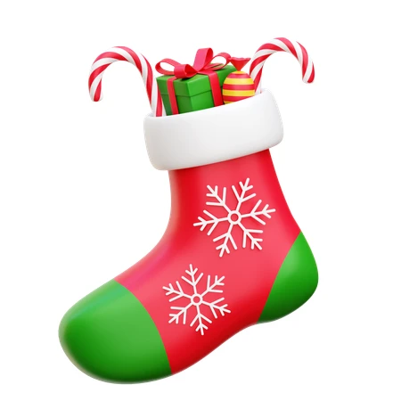 3D Christmas stocking filled with gifts and candy canes