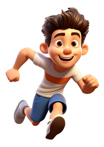 3D animated boy running joyfully on white background