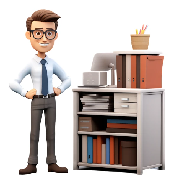 3D cartoon businessman standing next to an office cabinet