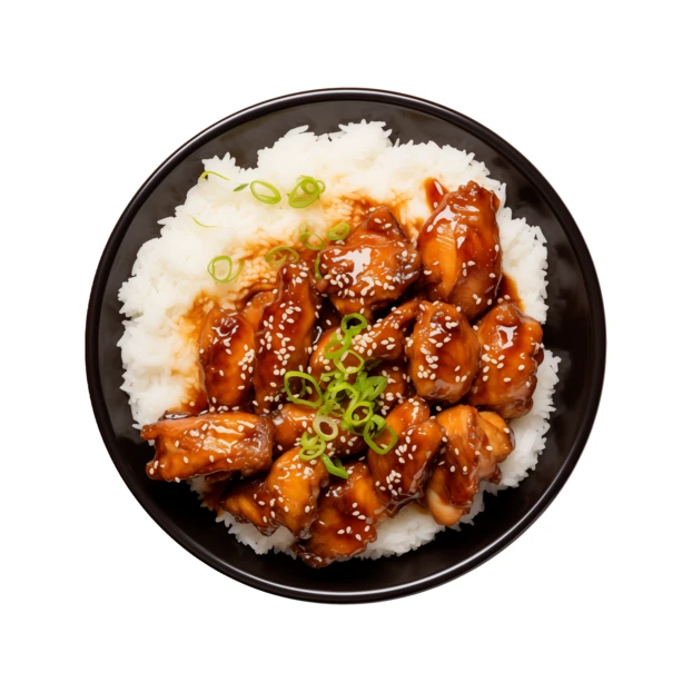 Chicken teriyaki bowl with white rice on white background