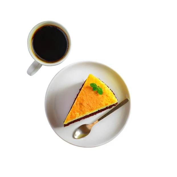 Slice of cheesecake and black coffee on white background