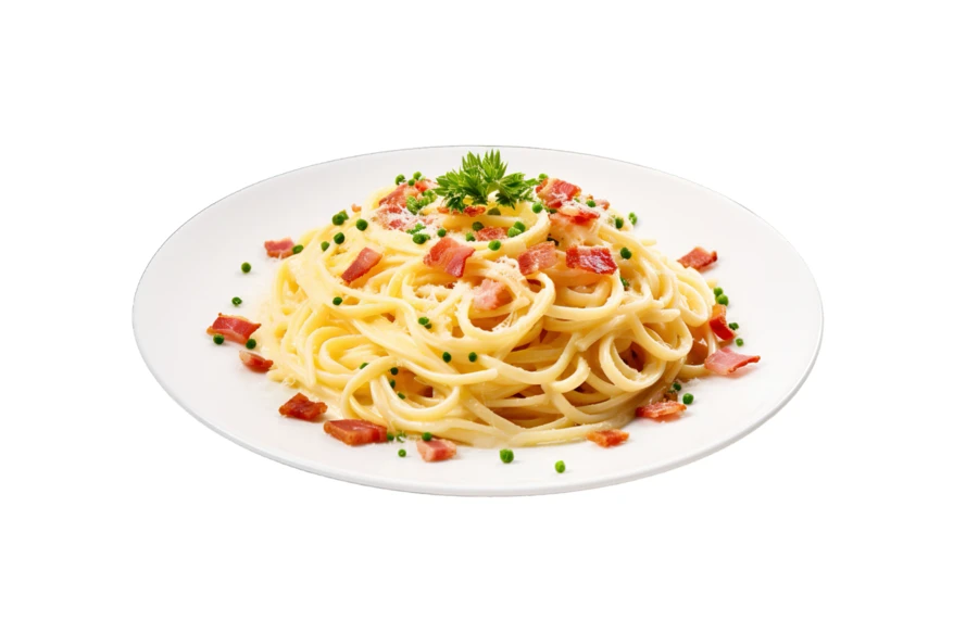 Creamy spaghetti carbonara with crispy bacon on white background