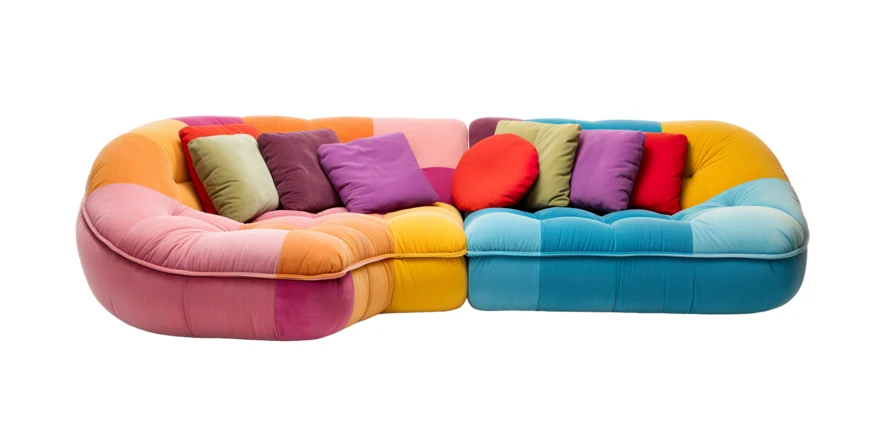 Multicolor modular patchwork sofa with cushions isolated on white
