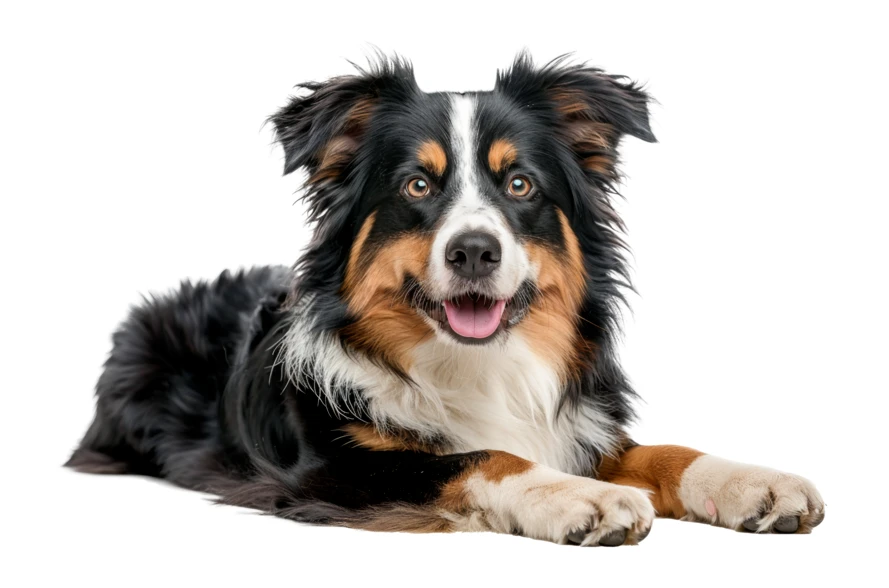 Tricolor Australian Shepherd dog lying on white background