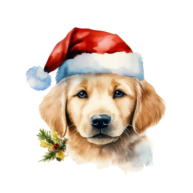 Watercolor golden retriever puppy wearing a Santa hat