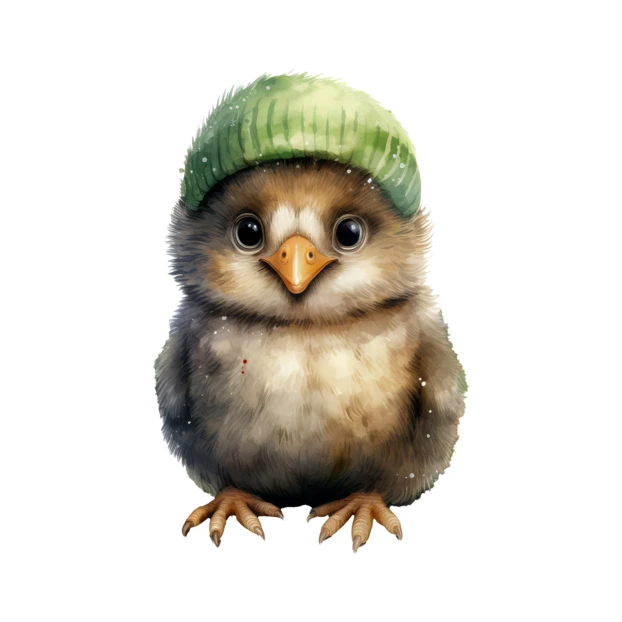 Cute fluffy baby chick wearing a green knit beanie