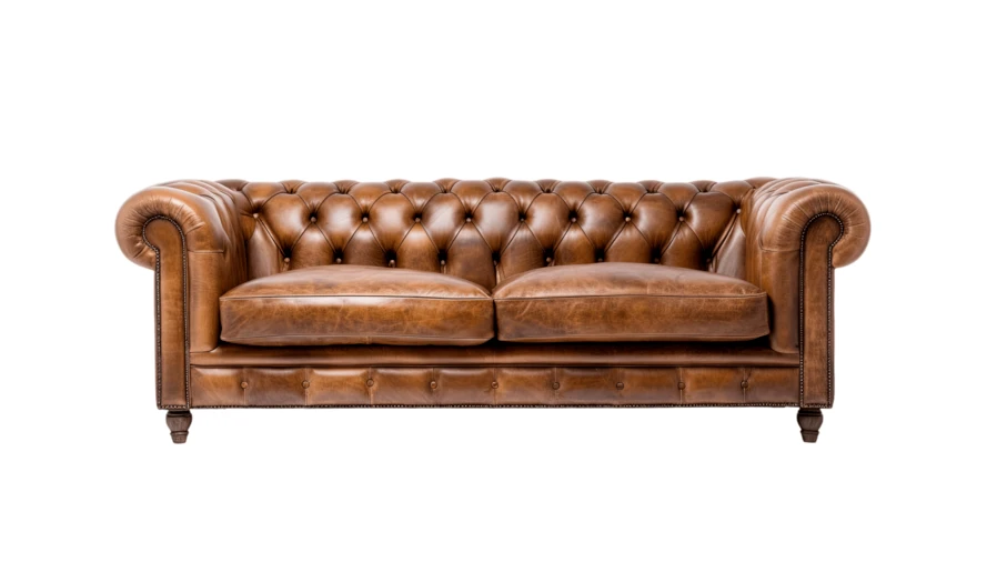 Classic brown leather Chesterfield sofa isolated on white background