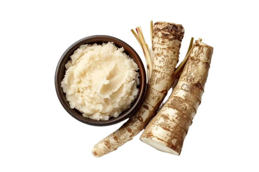 Grated horseradish in a bowl and fresh horseradish roots