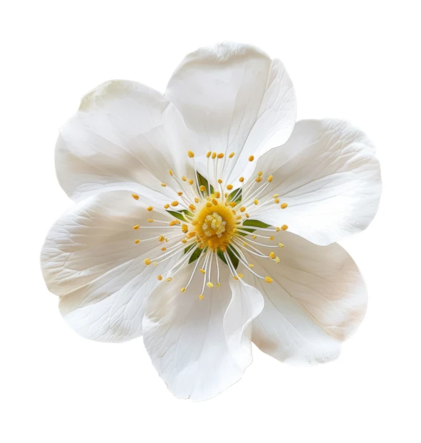 Single white blossom with yellow center isolated on white