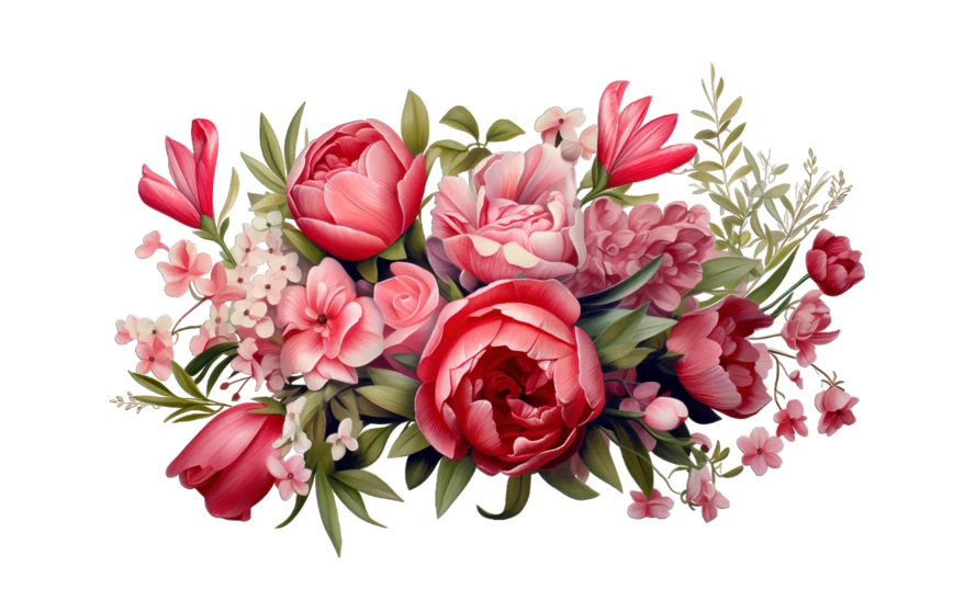Watercolor pink and red peony bouquet isolated on white