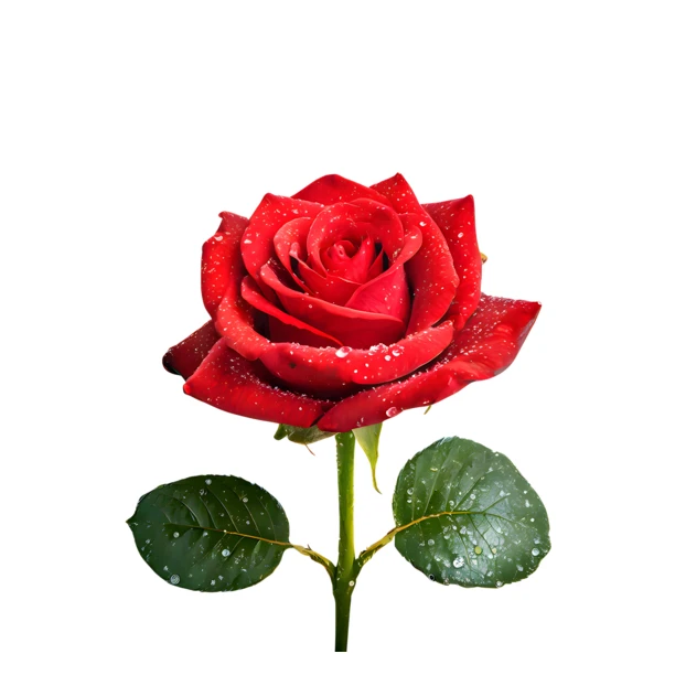Single red rose with dew drops on white background
