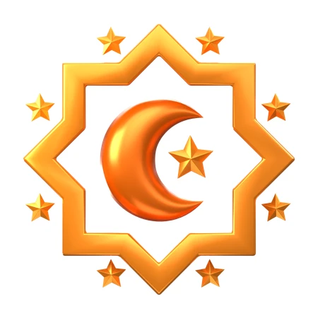 Golden 3D Islamic crescent moon and stars in octagonal frame