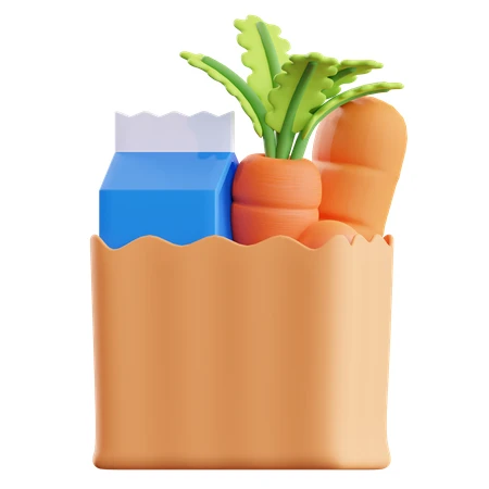 3D render of a grocery bag with milk and carrots