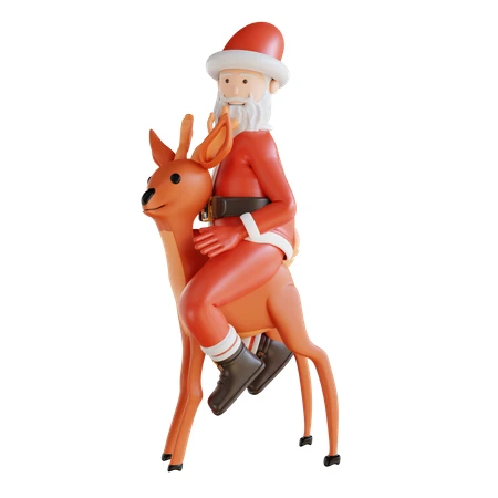 3D cartoon Santa Claus riding a reindeer on white background