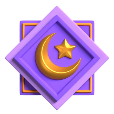3D Islamic crescent moon and star icon in geometric frame