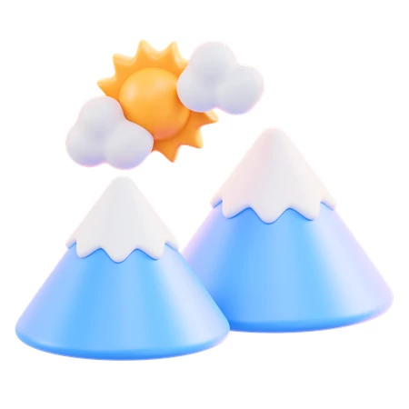 3D snow capped mountains with sun and clouds illustration
