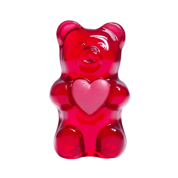 Red gummy bear with a pink heart on white background