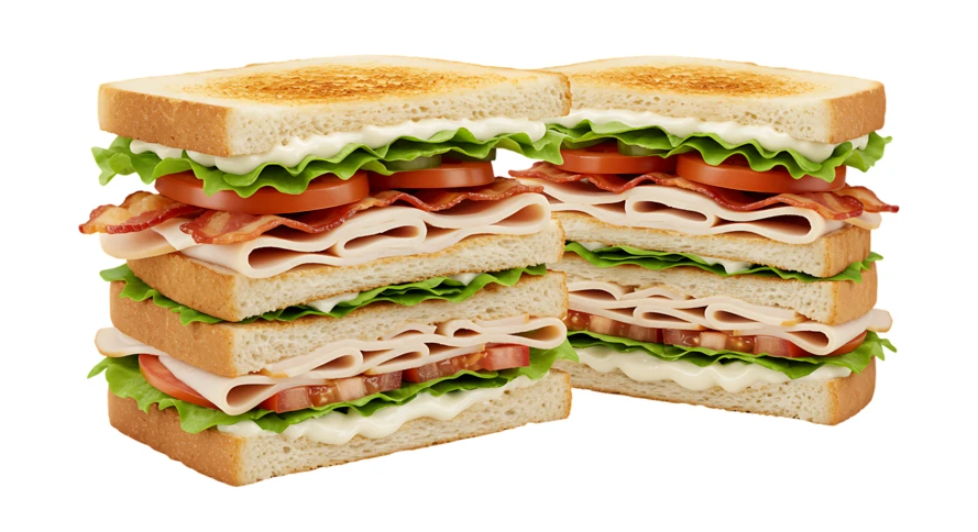 Two turkey club sandwiches isolated on white background