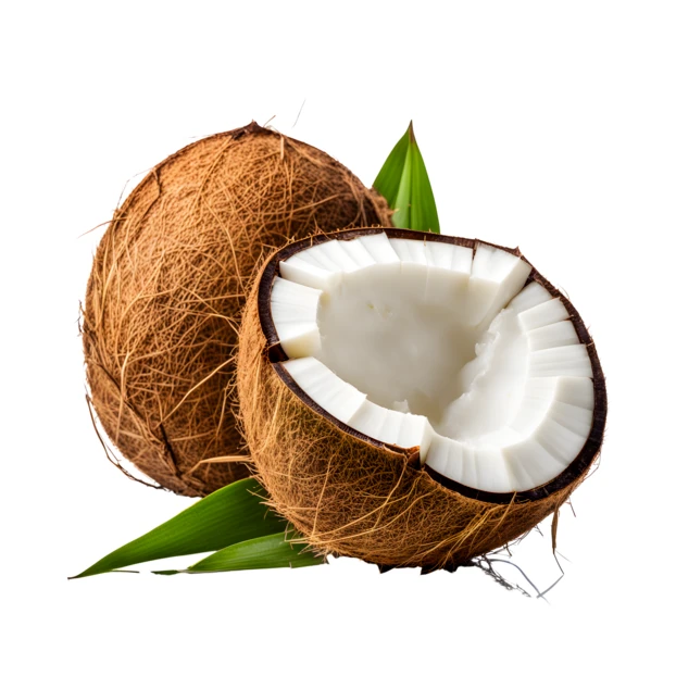 Whole and halved coconuts with leaves isolated on white