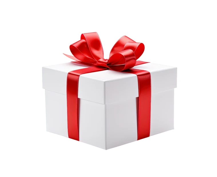White gift box with red ribbon isolated on white