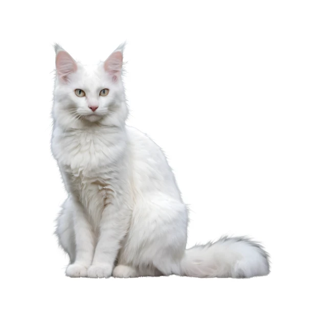 Pure white Maine Coon cat sitting on white background