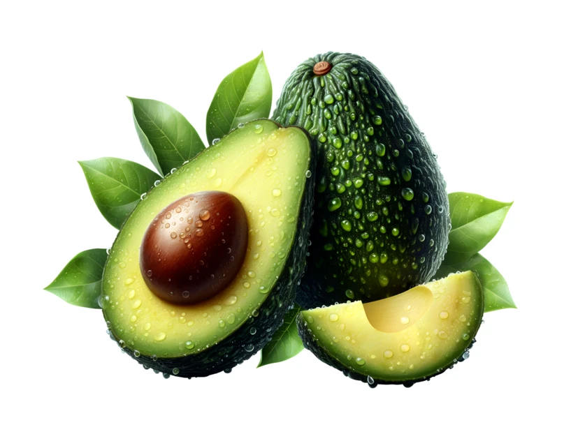 Fresh ripe avocados with water droplets on white background