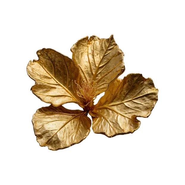 Decorative golden flower with leaf petals isolated on white background