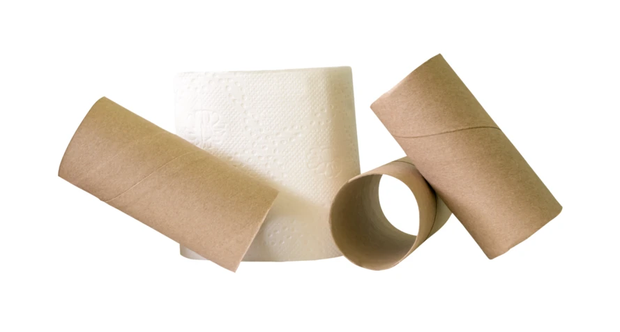 Toilet paper roll with empty cardboard tubes on white background