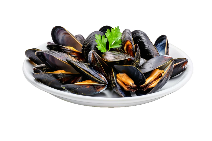 Cooked mussels on a white plate with parsley garnish