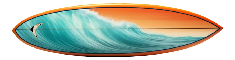 Surfboard with ocean wave and sunset art isolated on white