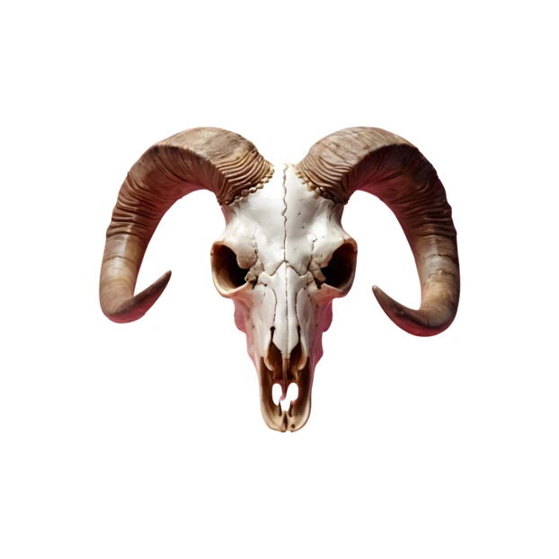Ram skull with large curved horns isolated on white background