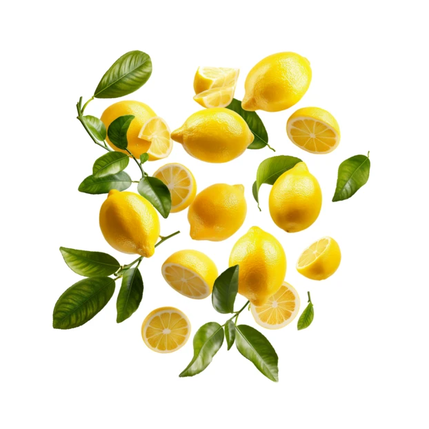 Fresh whole and sliced lemons falling with green leaves