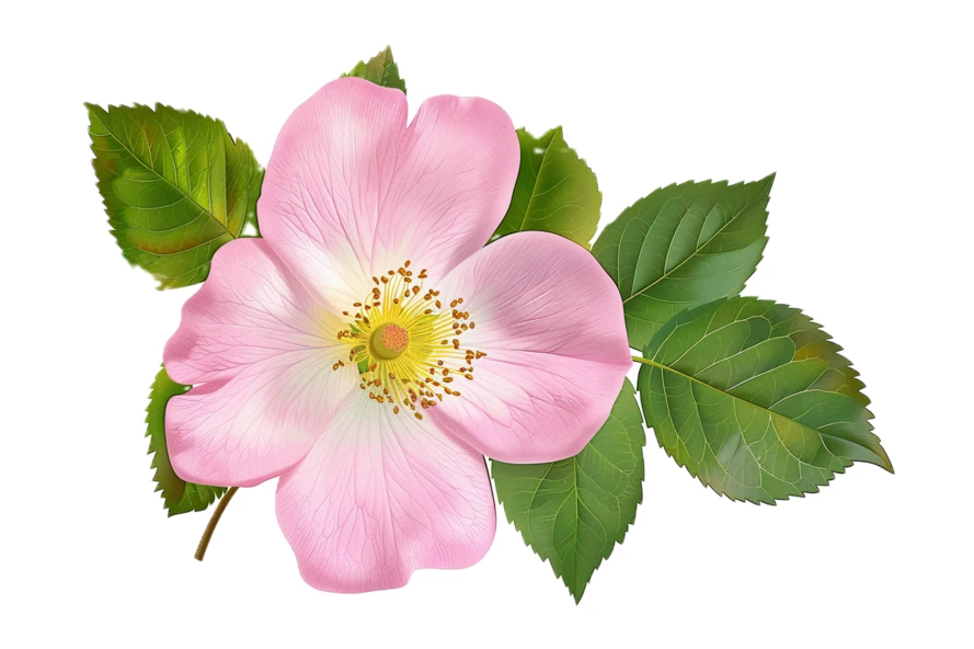 Single pink dog rose flower isolated on white background