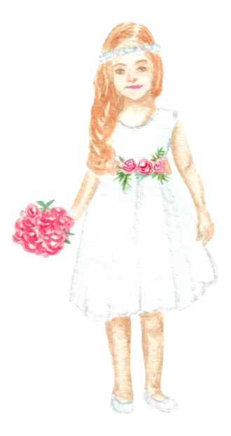 Watercolor illustration of a flower girl in a white dress