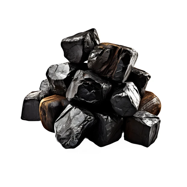 Pile of black coal chunks on white background
